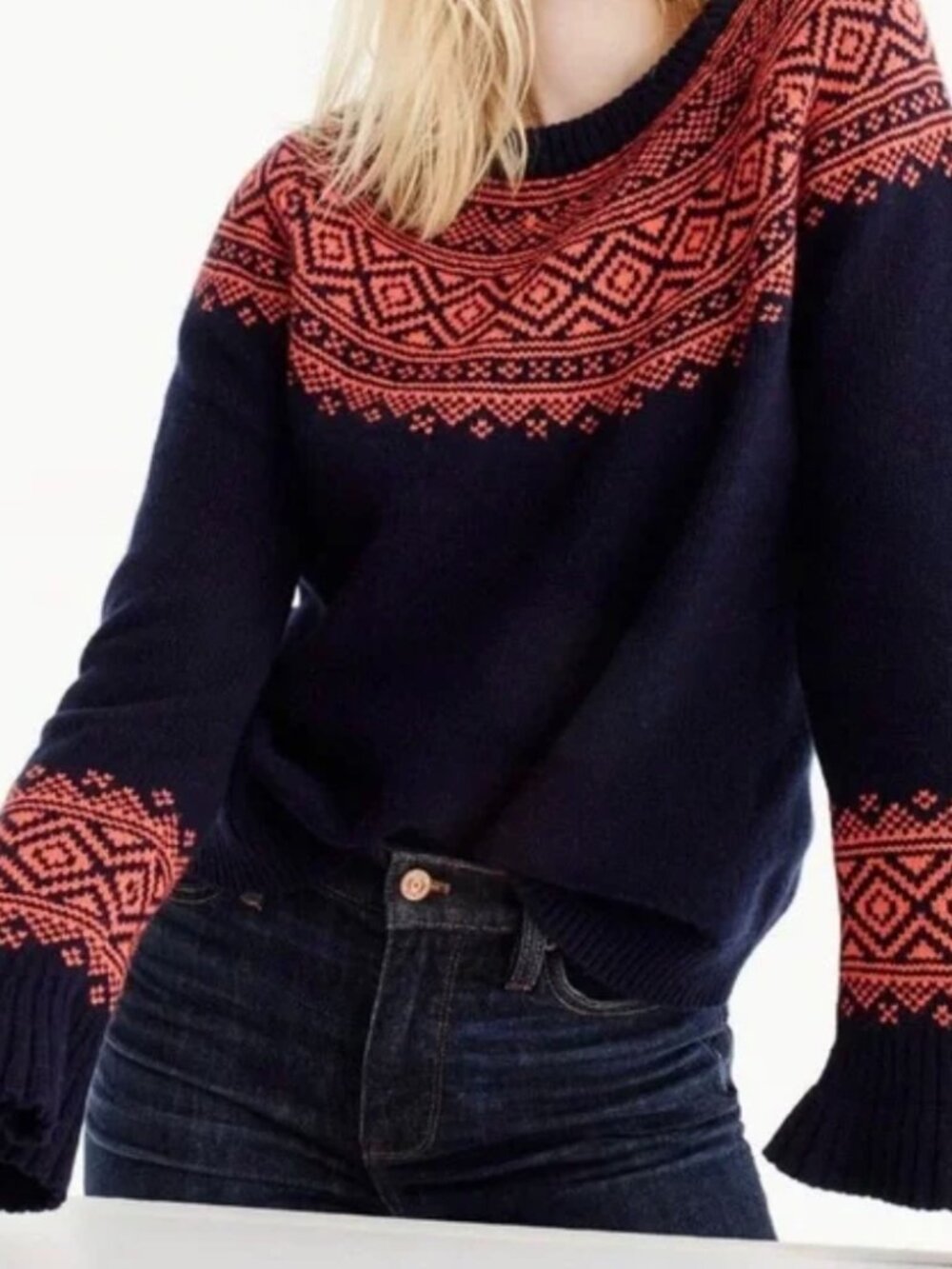J. Crew Fair Isle Merino Wool navy/orange ruffle sleeve sweater XXS